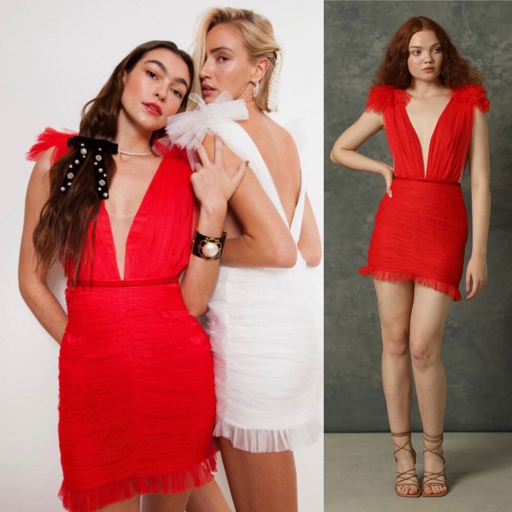 Elegant Red Mini Dress with Tulle Accents - Picture 9 of 11